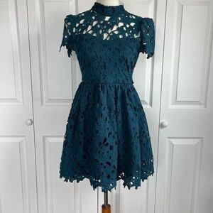 L’ATISTE Teal high neck short sleeve lace prom, homecoming, party cute dress